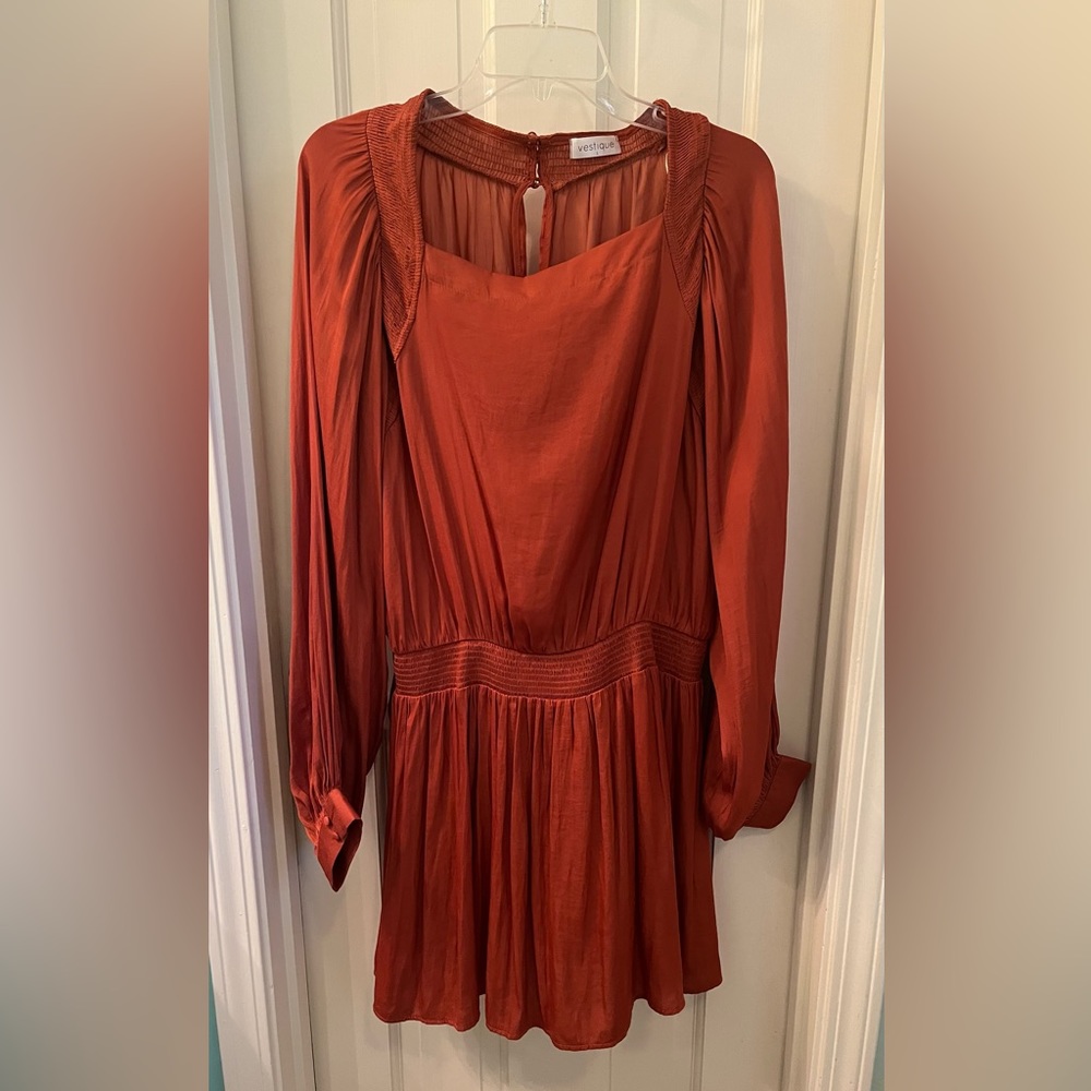 Long-Sleeve Rust Mini Dress with Drop Waist | Vestique - Size Large
